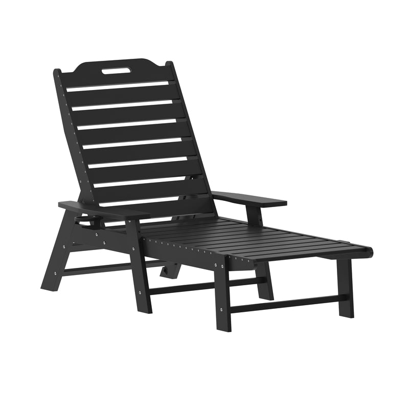 Gaylord Adjustable Adirondack Lounger with Cup Holder- All-Weather Indoor/Outdoor HDPE Lounge Chair in Black