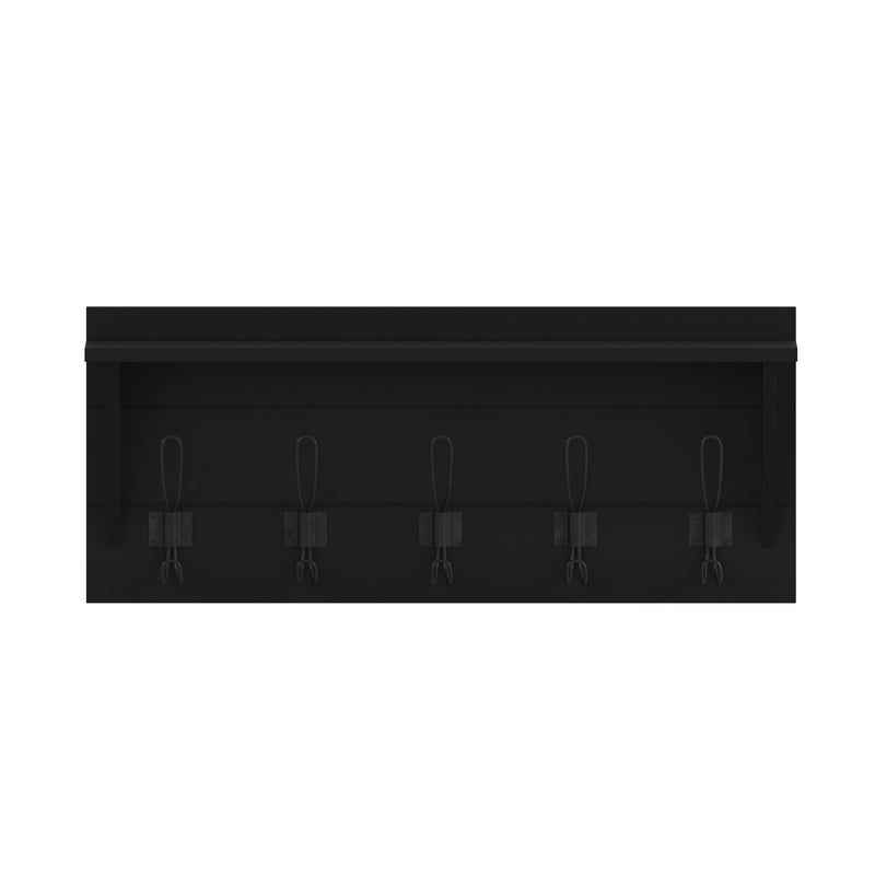 Enid 24 Inch Wall Mount Black Pine Wood Storage Rack with 5 Hooks, Entryway, Kitchen, Bathroom