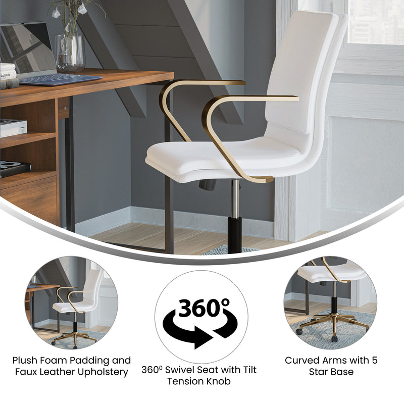 Artemis Mid-Back Home Office Chair with Armrests, Height Adjustable Swivel Seat and Five Star Gold Base, White Faux Leather