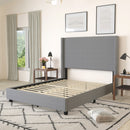 Bramlett Modern Queen Size Platform Bed Frame with Padded Faux Linen Upholstered Wingback Headboard and Wood Support Slats in Gray