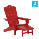 Nassau Adirondack Chair with Cup Holder and Pull Out Ottoman, All-Weather HDPE Indoor/Outdoor Lounge Chair, Set of 2