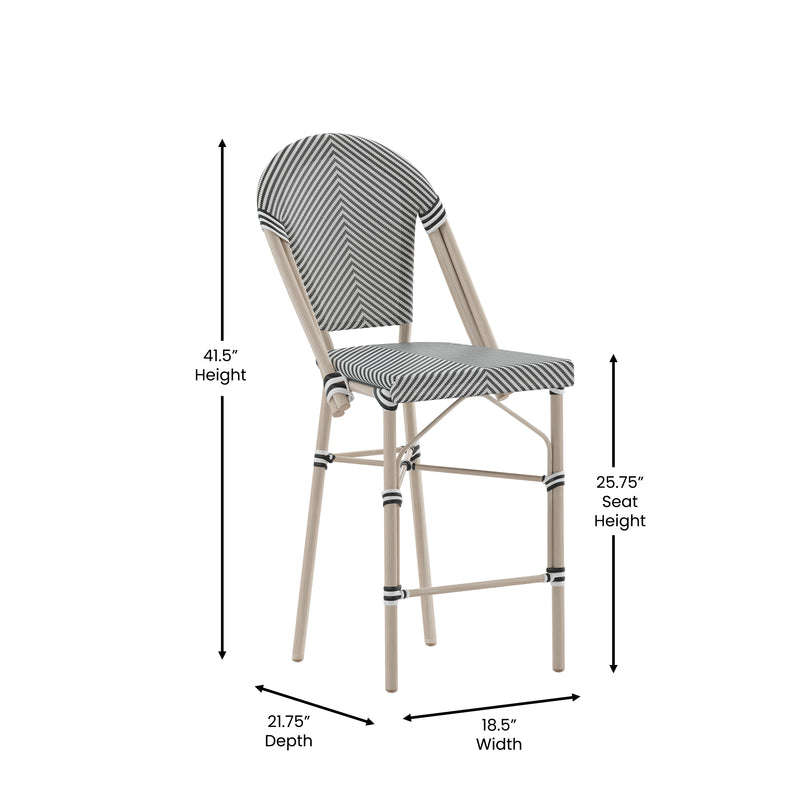 Mael Set of Two Stacking French Bistro Style Counter Stools with Black and White Textilene Seats and Light Bamboo Metal Frames for Indoor/Outdoor Use