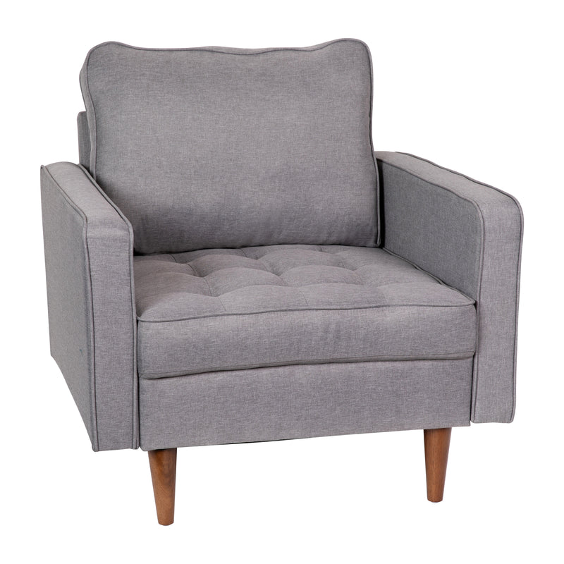 Garibaldi Mid-Century Modern Armchair with Tufted Faux Linen Upholstery & Solid Wood Legs in Slate Gray