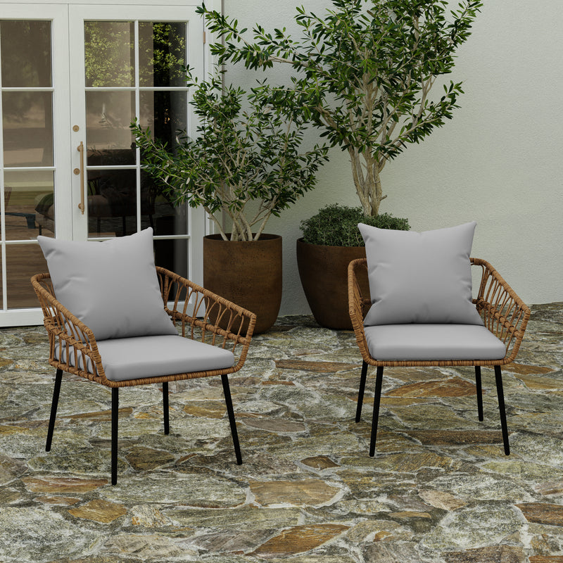 Merrick Lane Armon Set of Two Indoor/Outdoor Boho Style Natural Open Weave Rattan Rope Patio Chairs with Cream Cushions - White