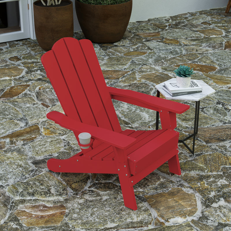 Nassau Adirondack Chair with Cup Holder, Weather Resistant HDPE Adirondack Chair in Red