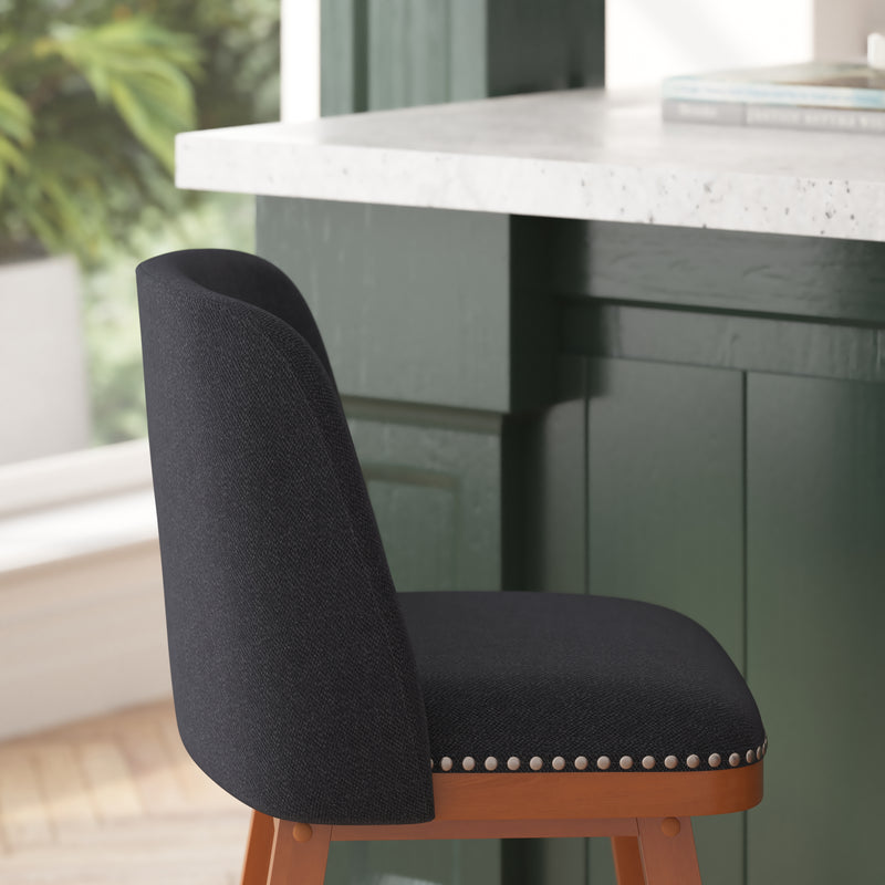 Ellie Set of 2 Charcoal Faux Linen Upholstered 24" Counter Stools with Nail Head Accent Trim and Walnut Wood Frames