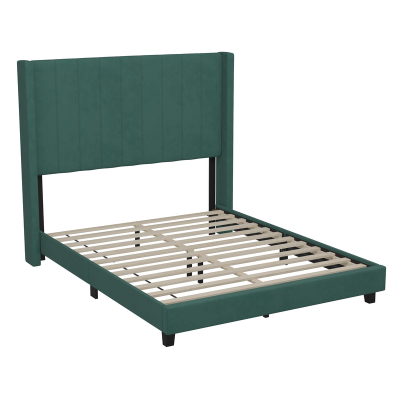 Sana Modern Emerald Velvet Upholstered Platform Bed Frame with Padded, Tufted Wingback Headboard and Wood Support Slats, No Box Spring Required