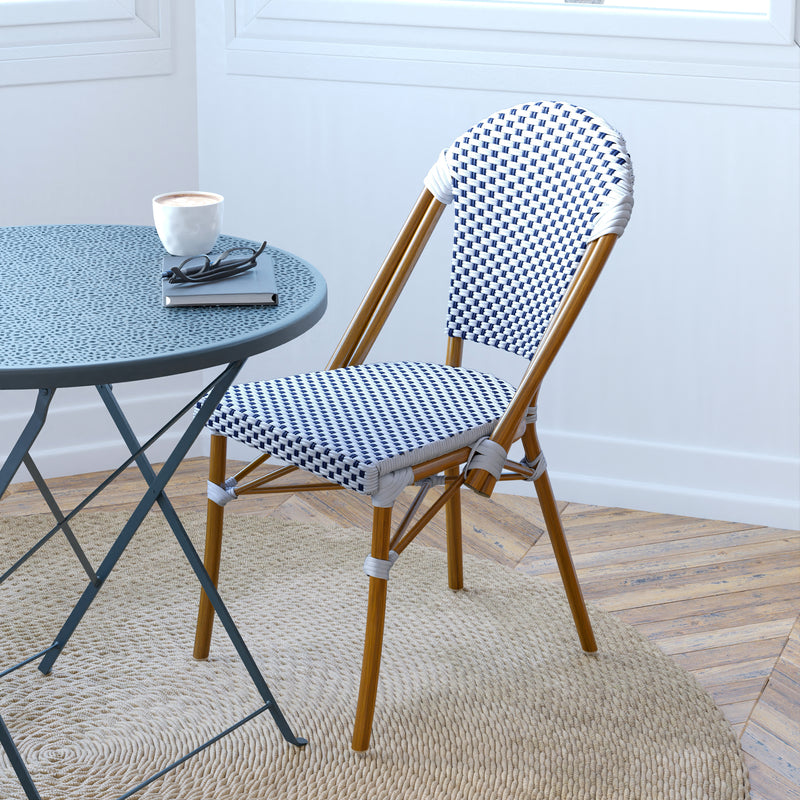 Celia Set of Two Indoor/Outdoor Stacking French Bistro Chairs with Patterned Seats and Backs & Light Bamboo Finished Aluminum Frames