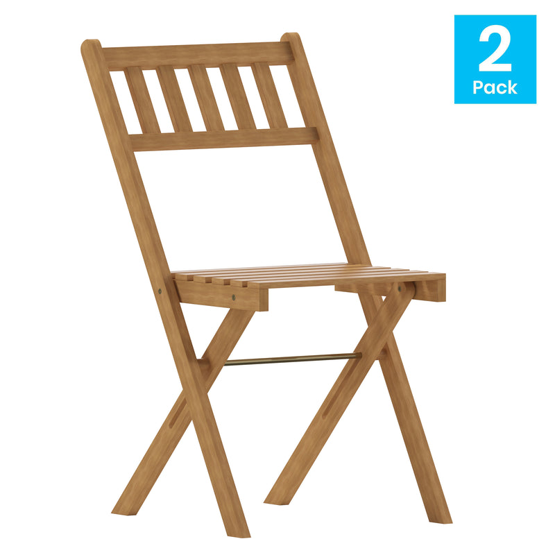 Stora Set of 2 Solid Acacia Wood Armless Folding Patio Bistro Chairs with Slatted Backs and Seats