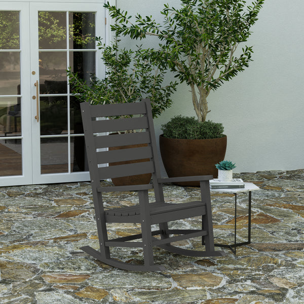 Fielder Contemporary Rocking Chair, All-Weather HDPE Indoor/Outdoor Rocker in Gray