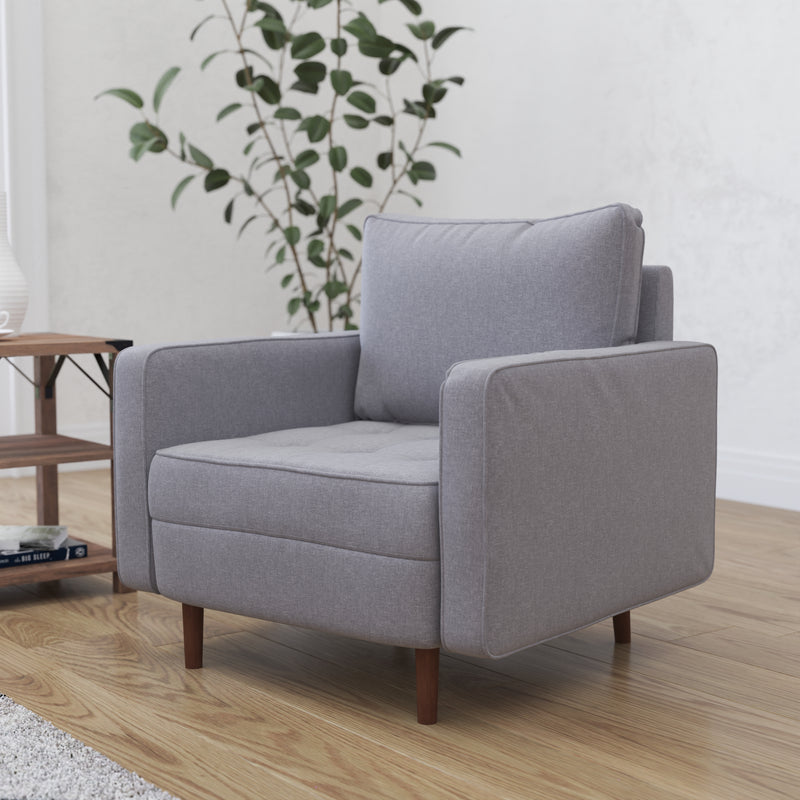 Garibaldi Mid-Century Modern Armchair with Tufted Faux Linen Upholstery & Solid Wood Legs