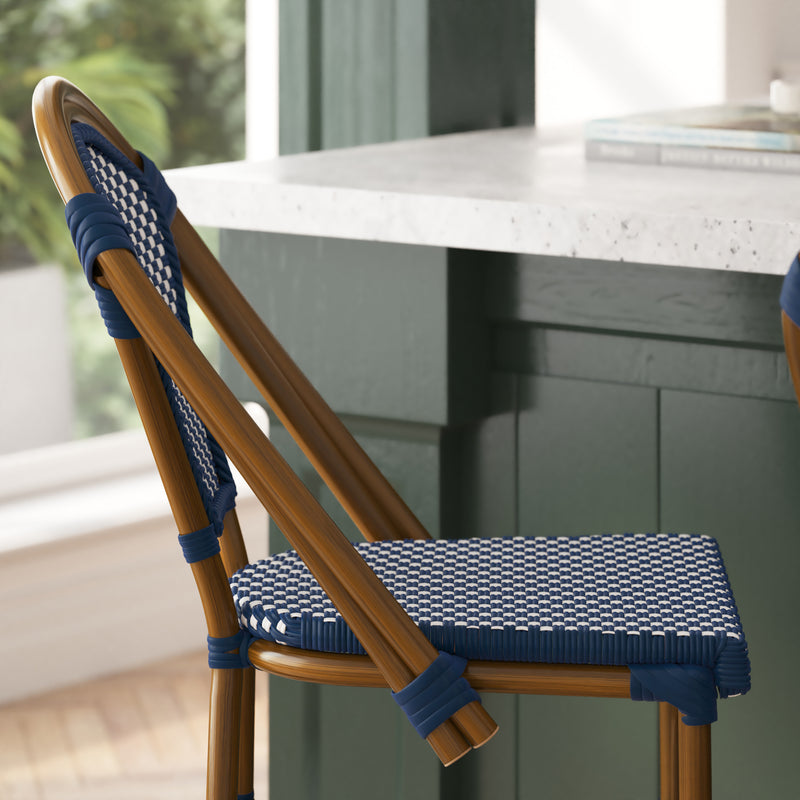 Sacha Set of Two Stacking French Bistro Counter Stools with Navy and White PE Seats and Back and Bamboo Finished Metal Frames for Indoor/Outdoor Use
