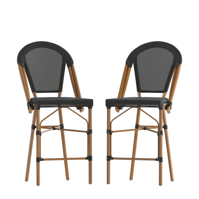 Mael Set of Two Stacking French Bistro Style Counter Stools with Black Textilene Seat and Bamboo Finished Metal Frame for Indoor/Outdoor Use