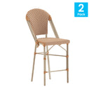 Celia Set of Two Indoor/Outdoor Stacking French Bistro Counter Stools with Natural and White Patterned Seats and Backs & Light Natural Metal Frames