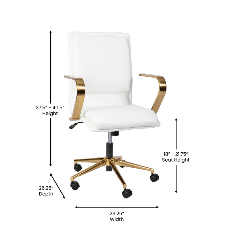 Artemis Mid-Back Home Office Chair with Armrests, Height Adjustable Swivel Seat and Five Star Gold Base, White Faux Leather