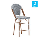 Celia Set of Two Indoor/Outdoor Stacking French Bistro Counter Stools with Patterned Seats and Backs & Light Natural Metal Frames