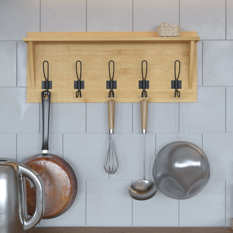 Enid 24 Inch Wall Mount Rustic Brown Pine Wood Storage Rack with 5 Hooks, Entryway, Kitchen, Bathroom