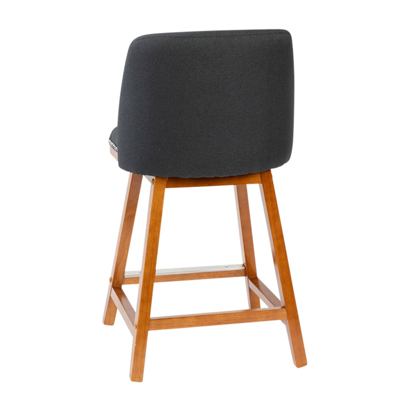 Ellie Set of 2 Charcoal Faux Linen Upholstered 24" Counter Stools with Nail Head Accent Trim and Walnut Wood Frames