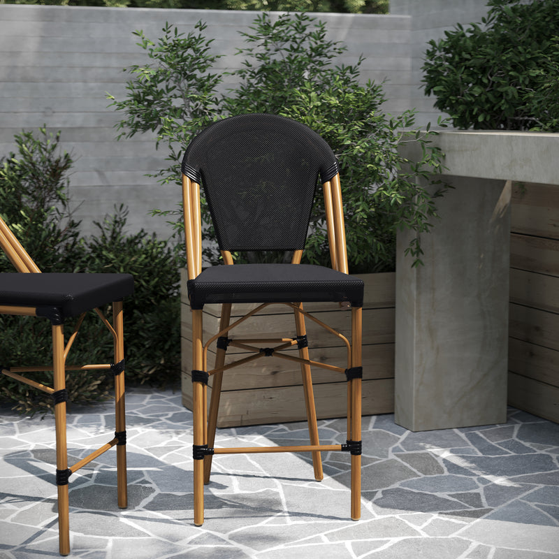 Mael Set of Two Stacking French Bistro Style Counter Stools with Black Textilene Seat and Bamboo Finished Metal Frame for Indoor/Outdoor Use