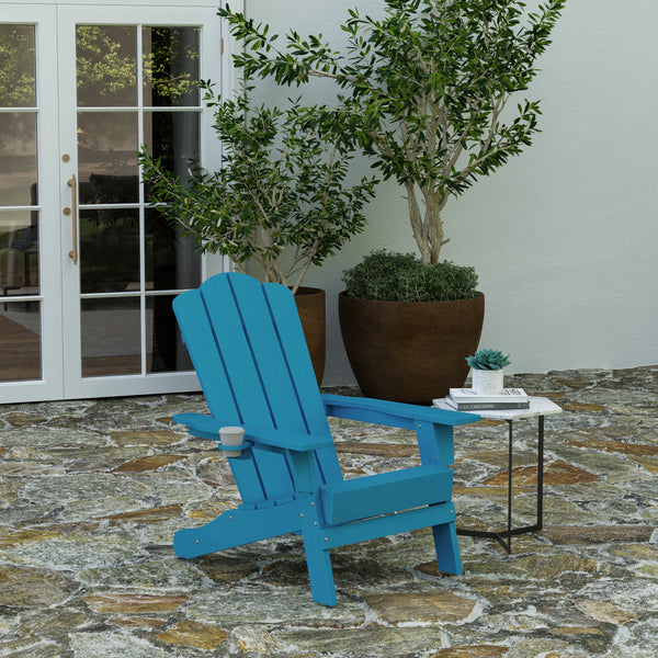 Nassau Adirondack Chair with Cup Holder, Weather Resistant HDPE Adirondack Chair in Blue