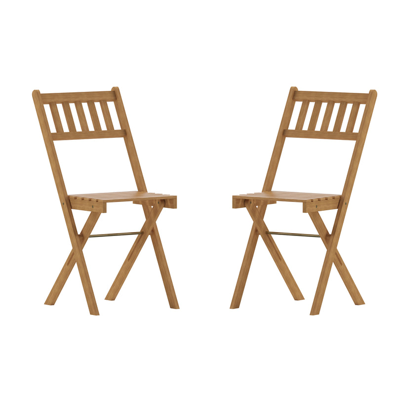 Stora Set of 2 Solid Acacia Wood Armless Folding Patio Bistro Chairs with Slatted Backs and Seats