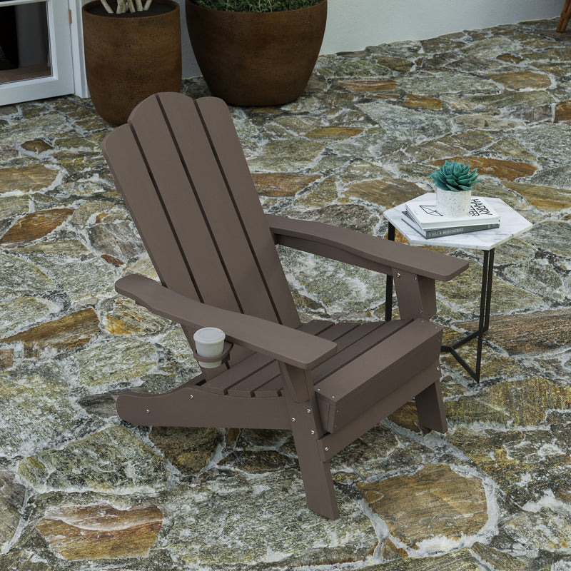 Nassau Adirondack Chair with Cup Holder, Weather Resistant HDPE Adirondack Chair in Brown, Set of 4