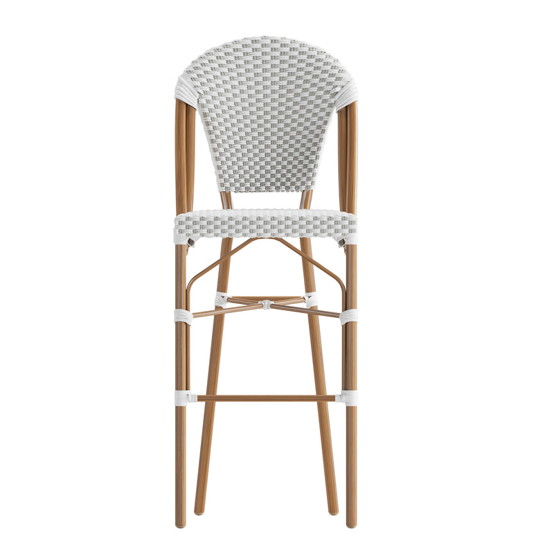 Celia Set of Two Indoor/Outdoor Stacking French Bistro Bar Stools with Patterned Seats and Backs & Light Natural Metal Frames