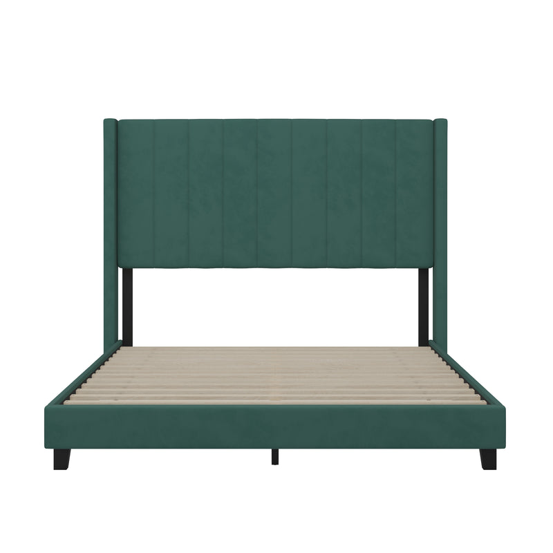 Sana Modern Emerald Velvet Upholstered Platform Bed Frame with Padded, Tufted Wingback Headboard and Wood Support Slats, No Box Spring Required