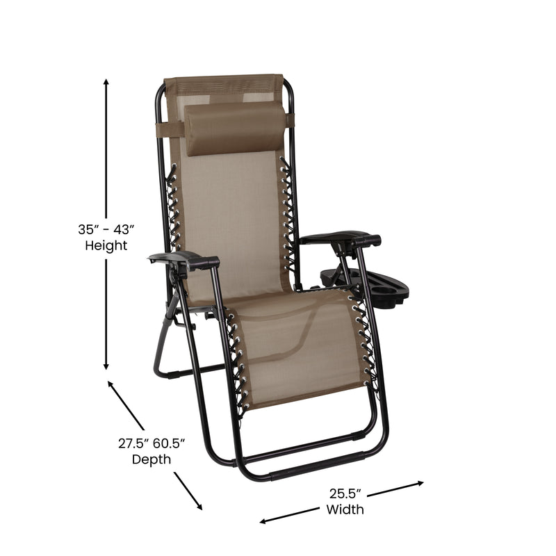 Merrill Set of 2 Brown Folding Mesh Upholstered Zero Gravity Chair with Removable Pillow and Cupholder Tray