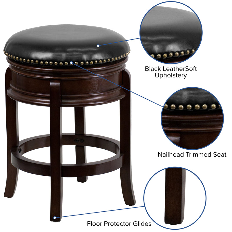 Clara 24" Cappuccino Brown Backless Wooden Counter Stool with Black Faux Leather 360 Degree Swivel Seat