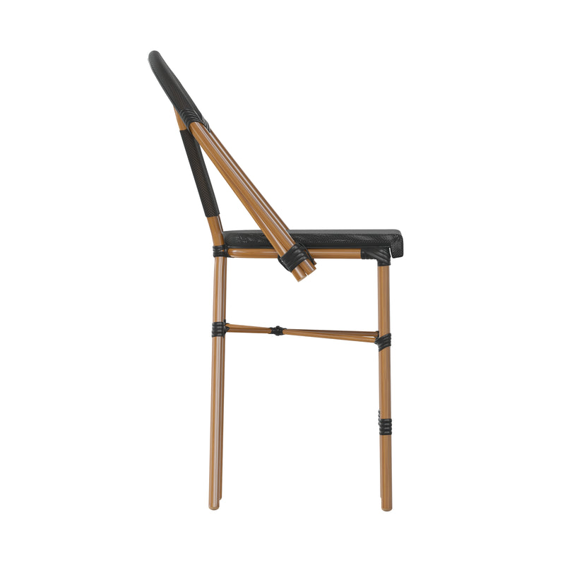 Mael Set of Two Stacking French Bistro Style Counter Stools with Black Textilene Seat and Bamboo Finished Metal Frame for Indoor/Outdoor Use