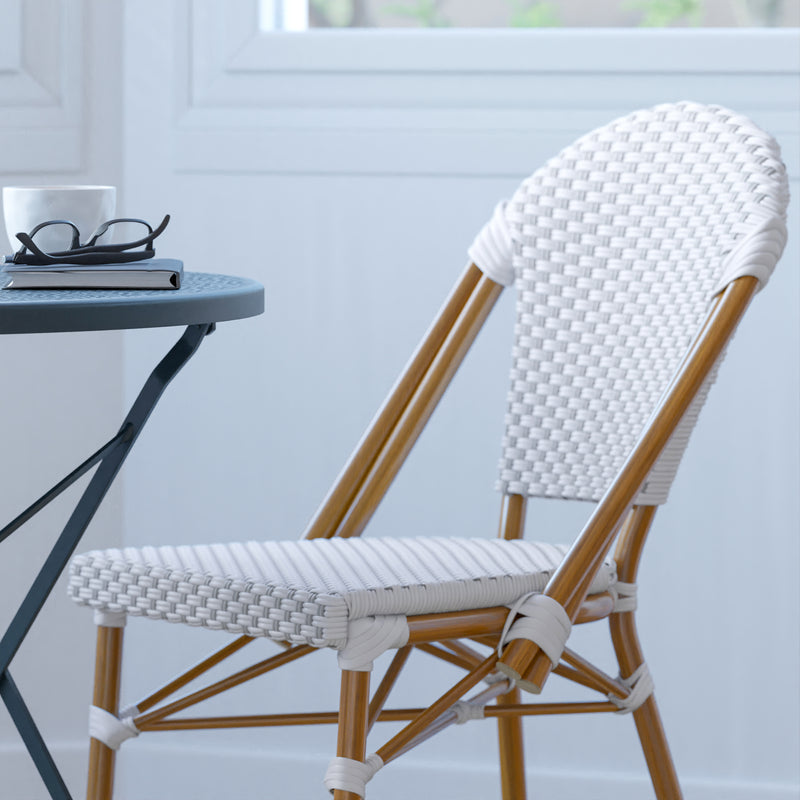 Celia Set of Two Indoor/Outdoor Stacking French Bistro Chairs with Patterned Seats and Backs & Light Bamboo Finished Aluminum Frames