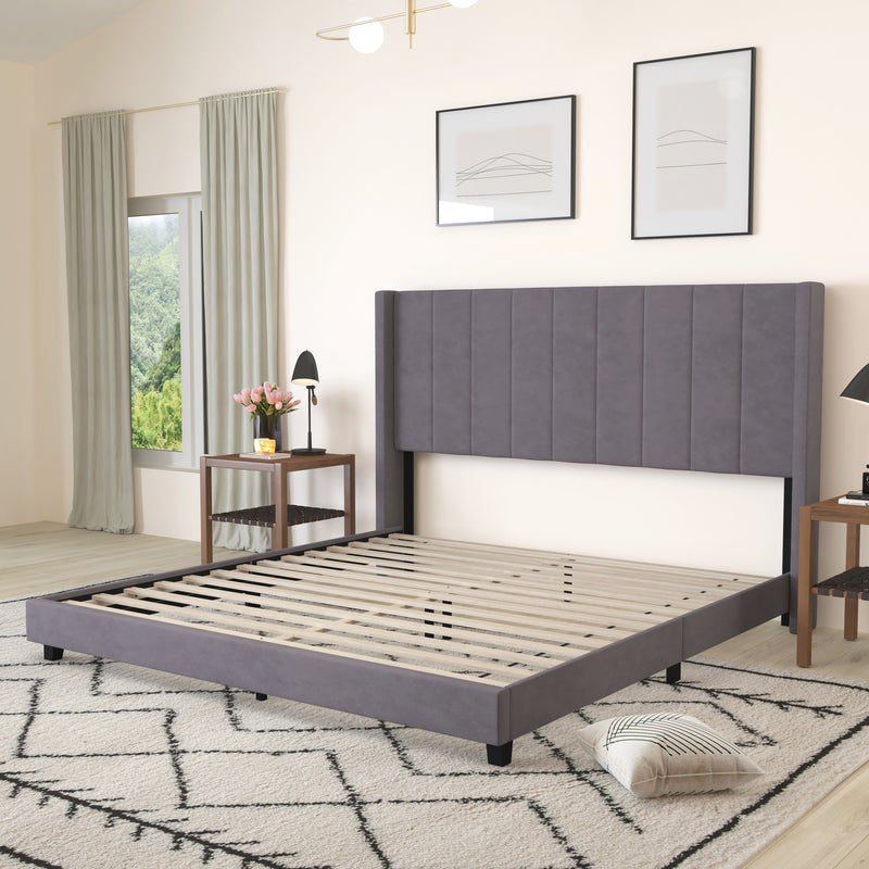 Sana Modern Gray Velvet Upholstered Platform Bed Frame with Padded, Tufted Wingback Headboard and Wood Support Slats, No Box Spring Required