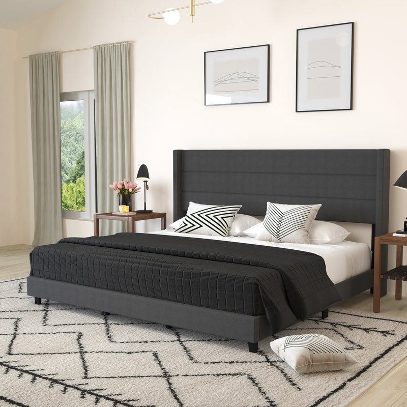 Percy Modern Platform Bed with Padded Channel Stitched Faux Linen Upholstered Wingback Headboard and 8.6" Underbed Clearance