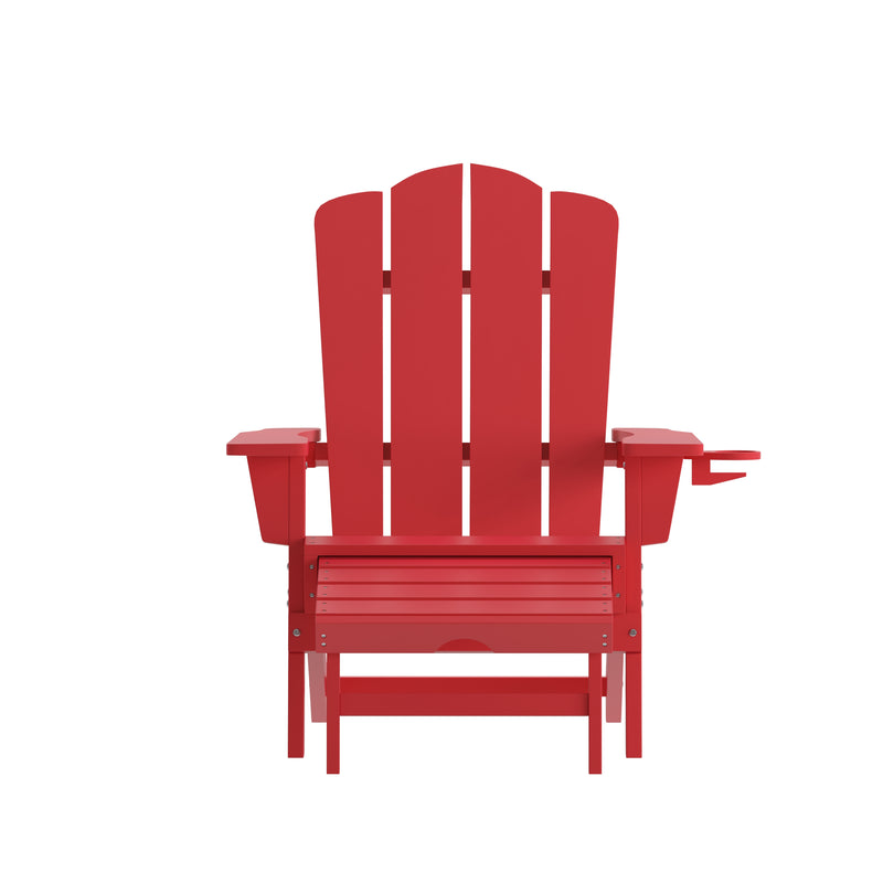 Ridley Adirondack Chair with Cup Holder and Pull Out Ottoman, All-Weather HDPE Indoor/Outdoor Lounge Chair in Red