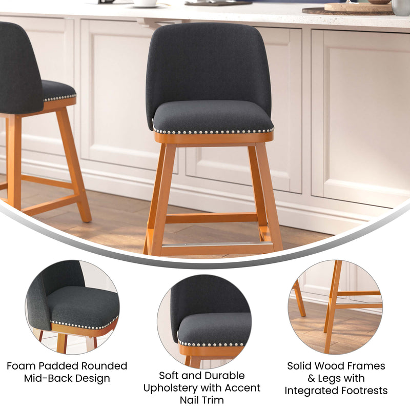 Ellie Set of 2 Charcoal Faux Linen Upholstered 24" Counter Stools with Nail Head Accent Trim and Walnut Wood Frames