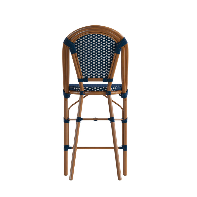 Sacha Set of Two Stacking French Bistro Counter Stools with Navy and White PE Seats and Back and Bamboo Finished Metal Frames for Indoor/Outdoor Use