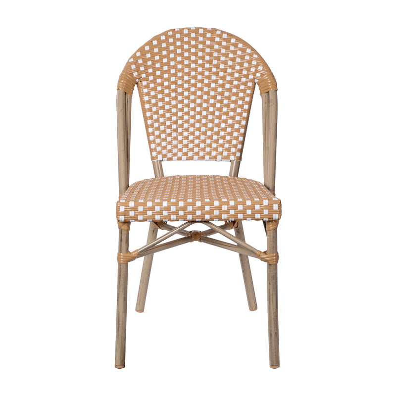 Celia Set of Two Indoor/Outdoor Stacking French Bistro Chairs with Patterned Seats and Backs & Light Bamboo Finished Aluminum Frames