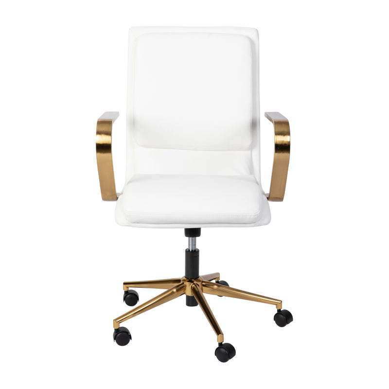 Artemis Mid-Back Home Office Chair with Armrests, Height Adjustable Swivel Seat and Five Star Gold Base, White Faux Leather