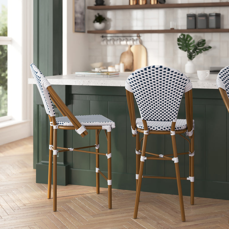 Celia Set of Two Indoor/Outdoor Stacking French Bistro Counter Stools with Patterned Seats and Backs & Light Natural Metal Frames