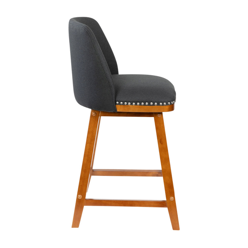 Ellie Set of 2 Charcoal Faux Linen Upholstered 24" Counter Stools with Nail Head Accent Trim and Walnut Wood Frames
