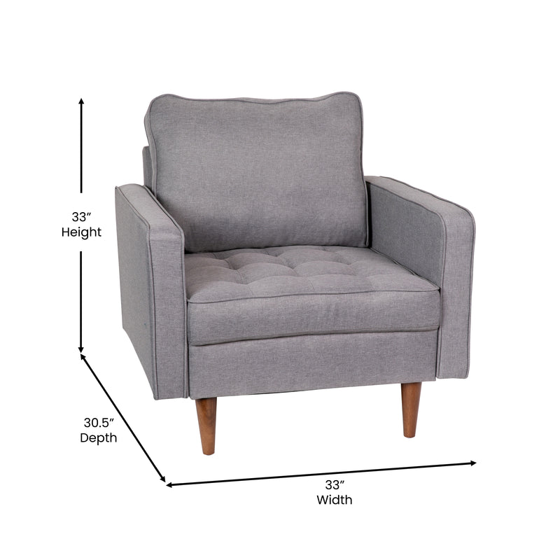Garibaldi Mid-Century Modern Armchair with Tufted Faux Linen Upholstery & Solid Wood Legs in Slate Gray