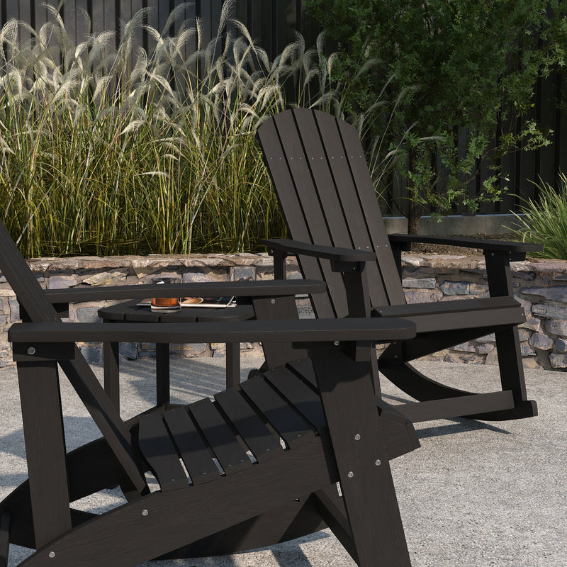 Wellington 3 Piece Patio Furniture Set Includes Black All-Weather UV Treated Adirondack Rocking Chairs and Side Table