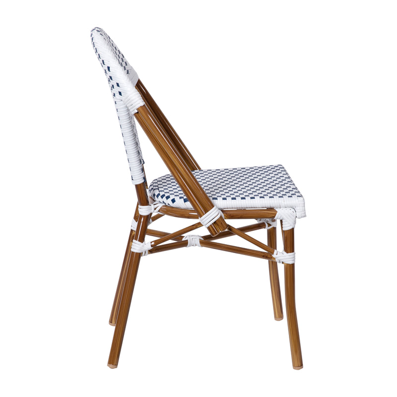 Celia Set of Two Indoor/Outdoor Stacking French Bistro Chairs with Patterned Seats and Backs & Light Bamboo Finished Aluminum Frames