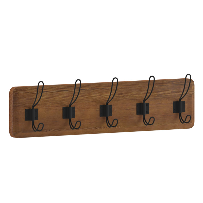 Enid 24 Inch Wall Mount Classic Brown Pine Wood Storage Rack with 5 Hooks, Entryway, Kitchen, Bathroom