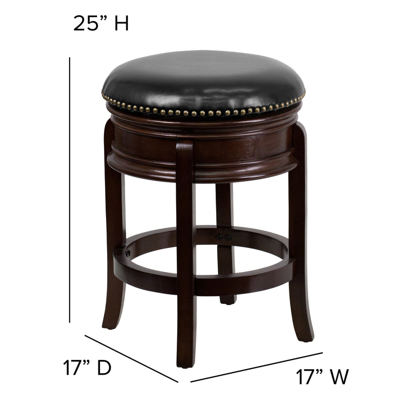 Clara 24" Cappuccino Brown Backless Wooden Counter Stool with Black Faux Leather 360 Degree Swivel Seat