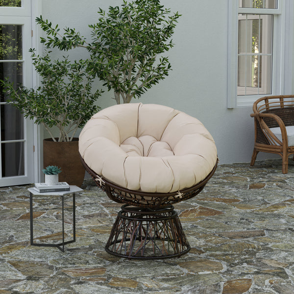 Foley Papasan Style Woven Wicker Swivel Patio Chair in Brown with Removable All-Weather Beige Cushion