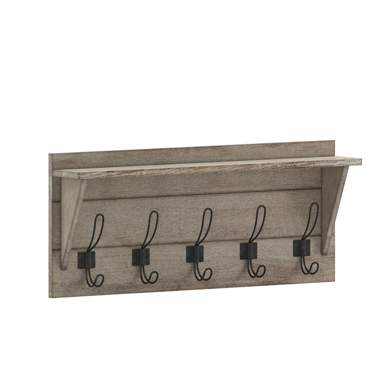 Enid Rustic Brown Pine Wood 24 Inch Wall Mount Storage Rack with 5 Hooks and Upper Display Shelf