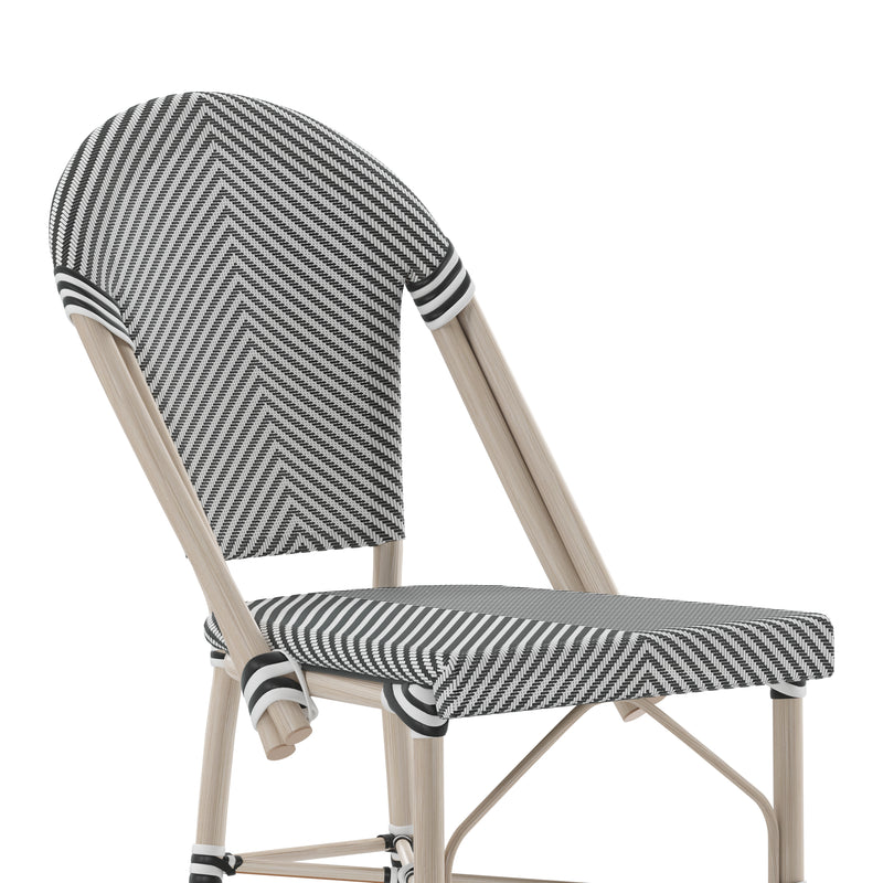 Mael Set of Two Stacking French Bistro Style Bar Stools with Black and White Textilene Seats and Light Bamboo Metal Frames for Indoor/Outdoor Use
