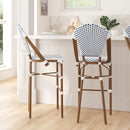 Celia Set of Two Indoor/Outdoor Stacking French Bistro Bar Stools with Patterned Seats and Backs & Light Natural Metal Frames